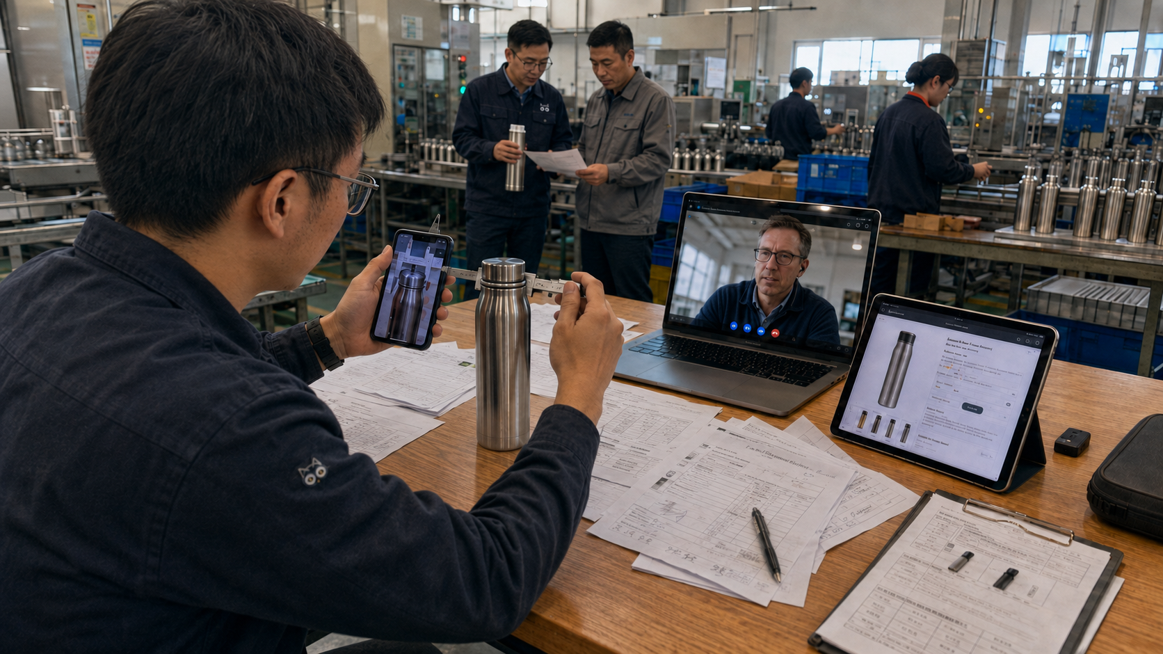 Illustrative scene of a YCat representative checking a supplier product during a buyer video call